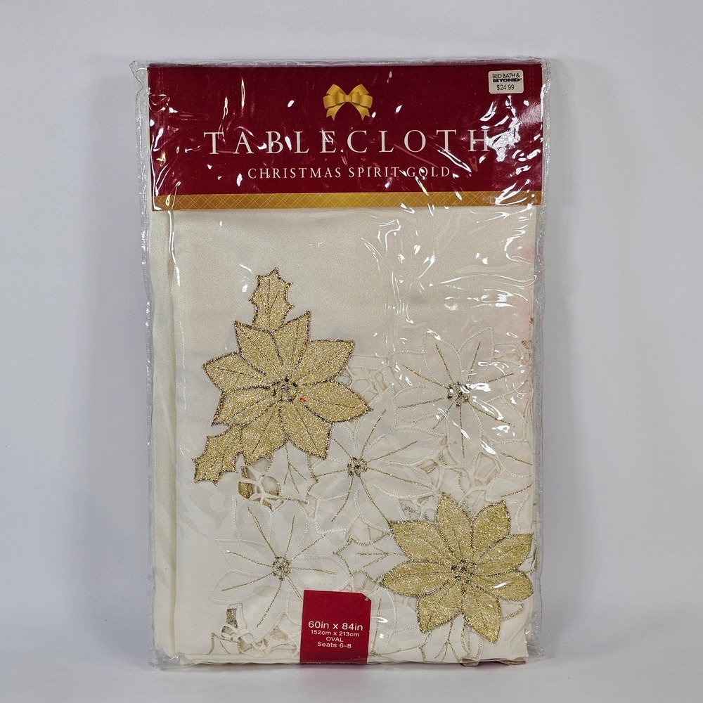 Bed Bath & Beyond Christmas Spirit Gold Tablecloth 60x84 Oval Ivory Poinsettia